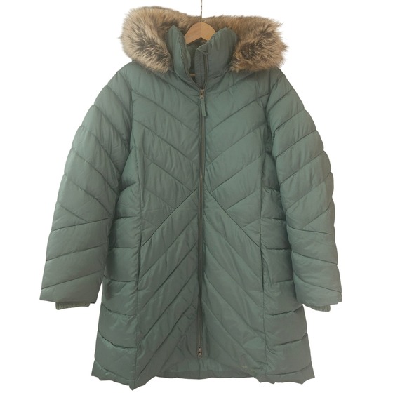 Lands End Winter Coat Green 1x Faux Fur Hooded Puffer Quilted Mid Length Warm - Picture 1 of 9